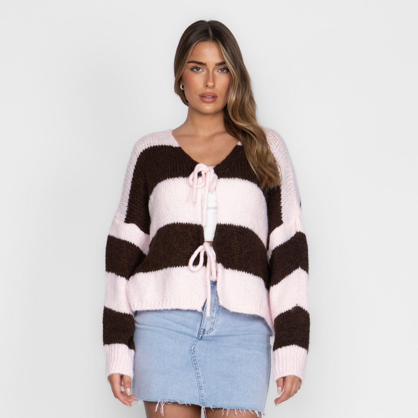 Gestreifter V-Ausschnitt Schleifen Cardigan