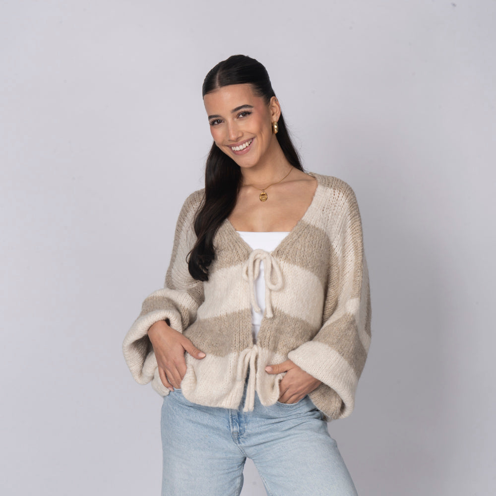 Gestreifter V-Ausschnitt Schleifen Cardigan