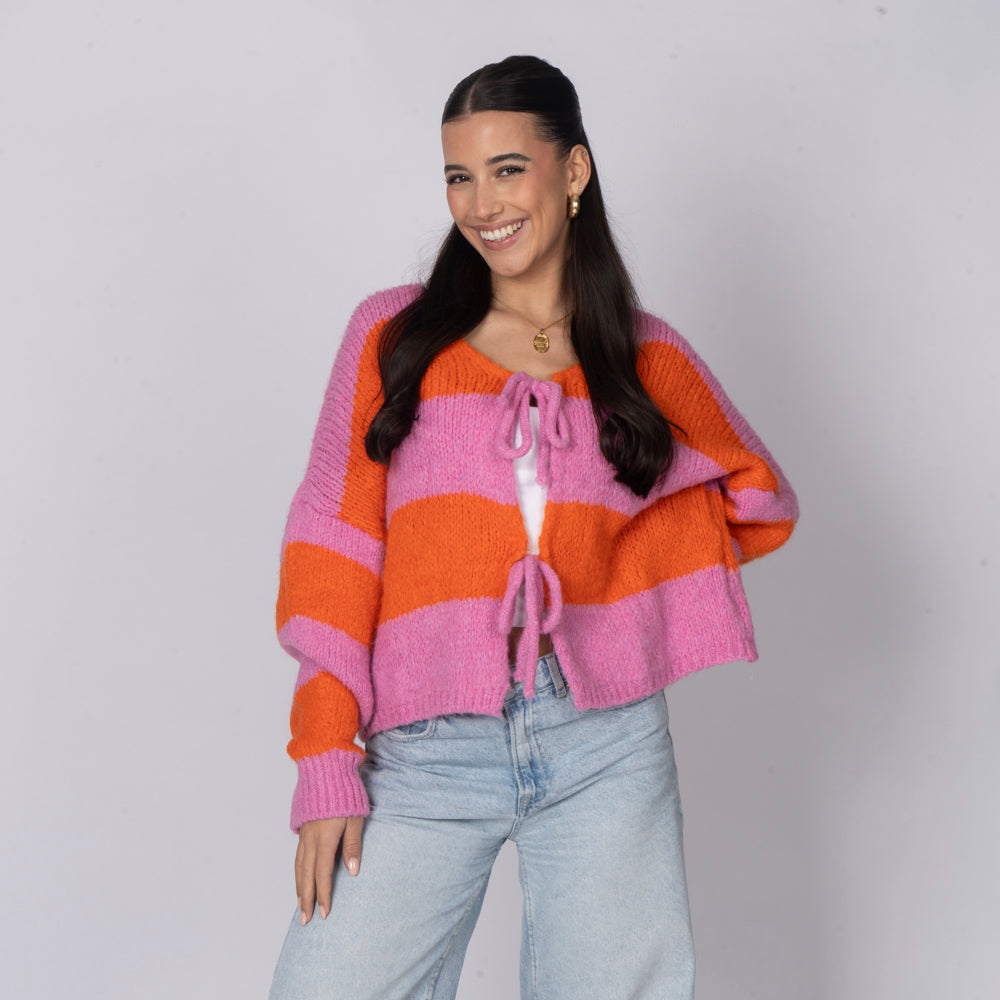 Gestreifter V-Ausschnitt Schleifen Cardigan