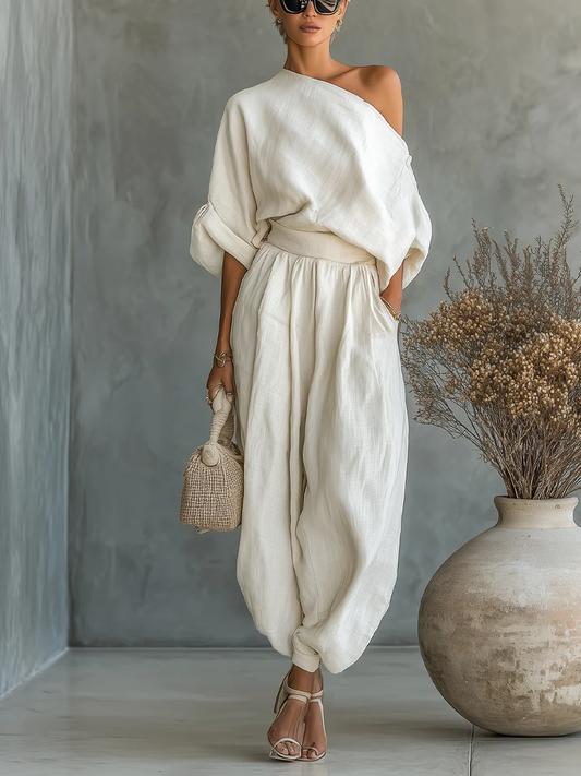 Safira: Wit, casual linnen top set