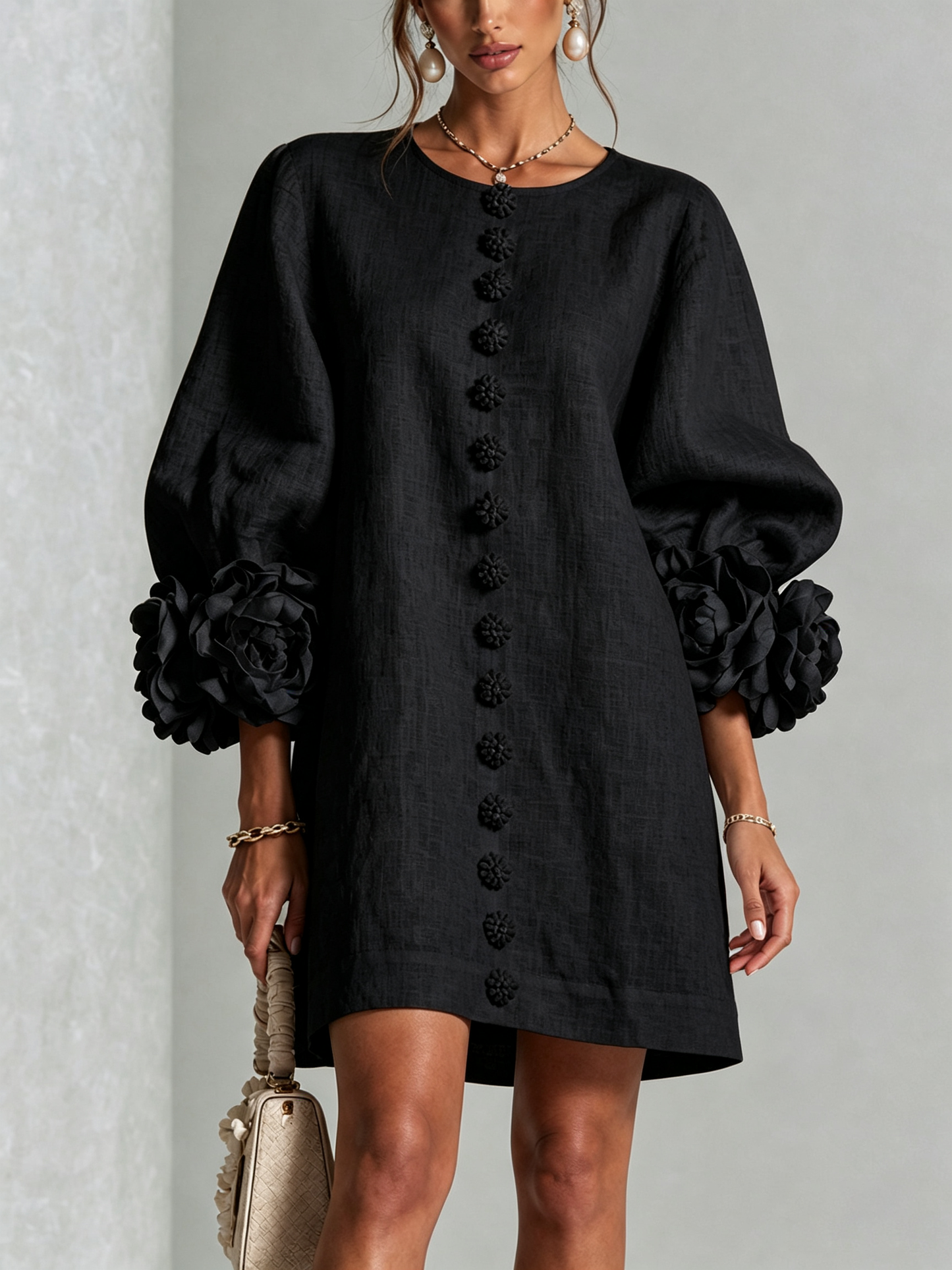 Weißes Blumendesign Hemdblusenkleid mit auffälligen Blumenkämpfen