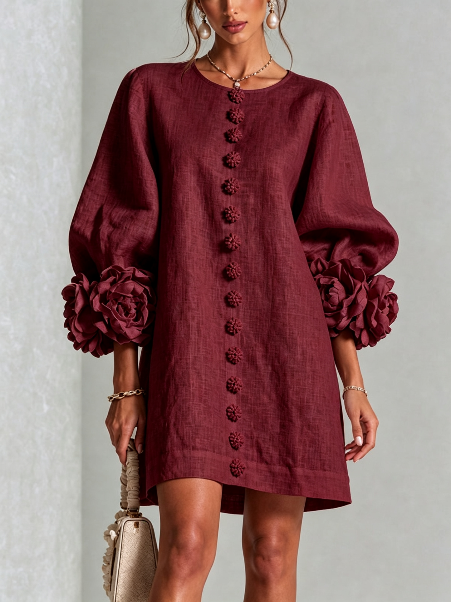 Weißes Blumendesign Hemdblusenkleid mit auffälligen Blumenkämpfen