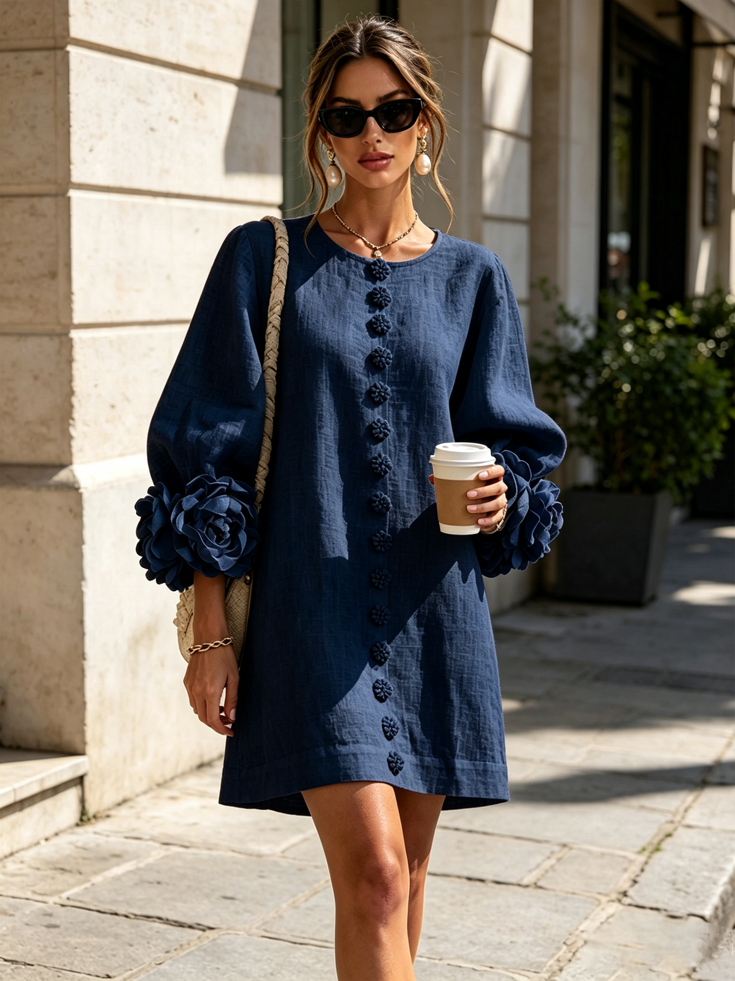 Navy Floral Button-down Mini Kleid mit auffälligen Blumenmanschetten
