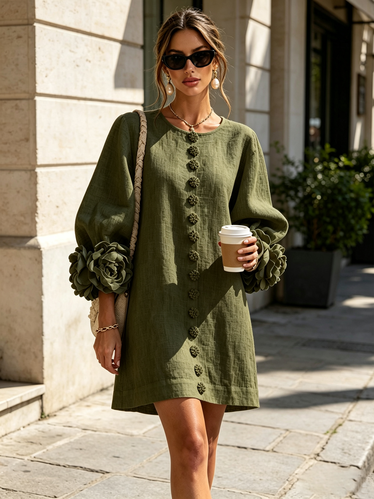 Weißes Blumendesign Hemdblusenkleid mit auffälligen Blumenkämpfen