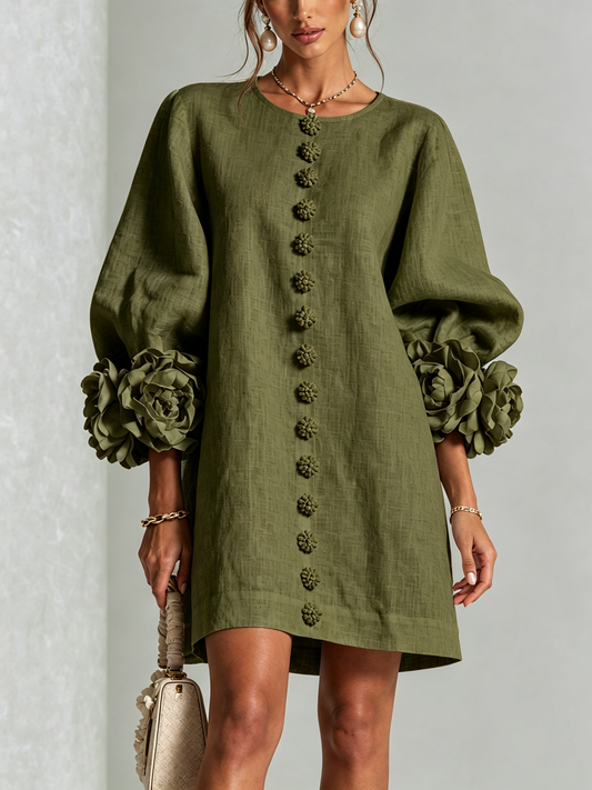 Olivenfarbenes Blumen-Button-Down-Minikleid mit auffälligen Blumenmanschetten