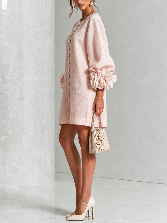 Rosa Blumenhemd-Mini-Kleid mit auffälligen Blumenmanschetten