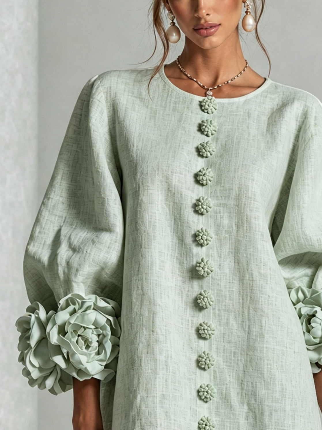 Sage Mist Floral Button-down Mini-Kleid mit auffälligen Blumenmanschetten